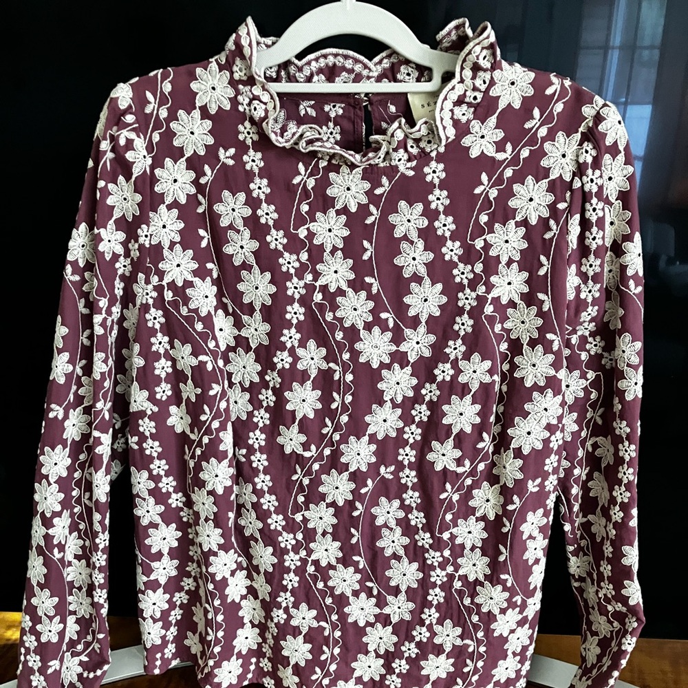 Sezane Embroidered Eglantine Blouse in Purple and Ecru, Sz 12, Like New